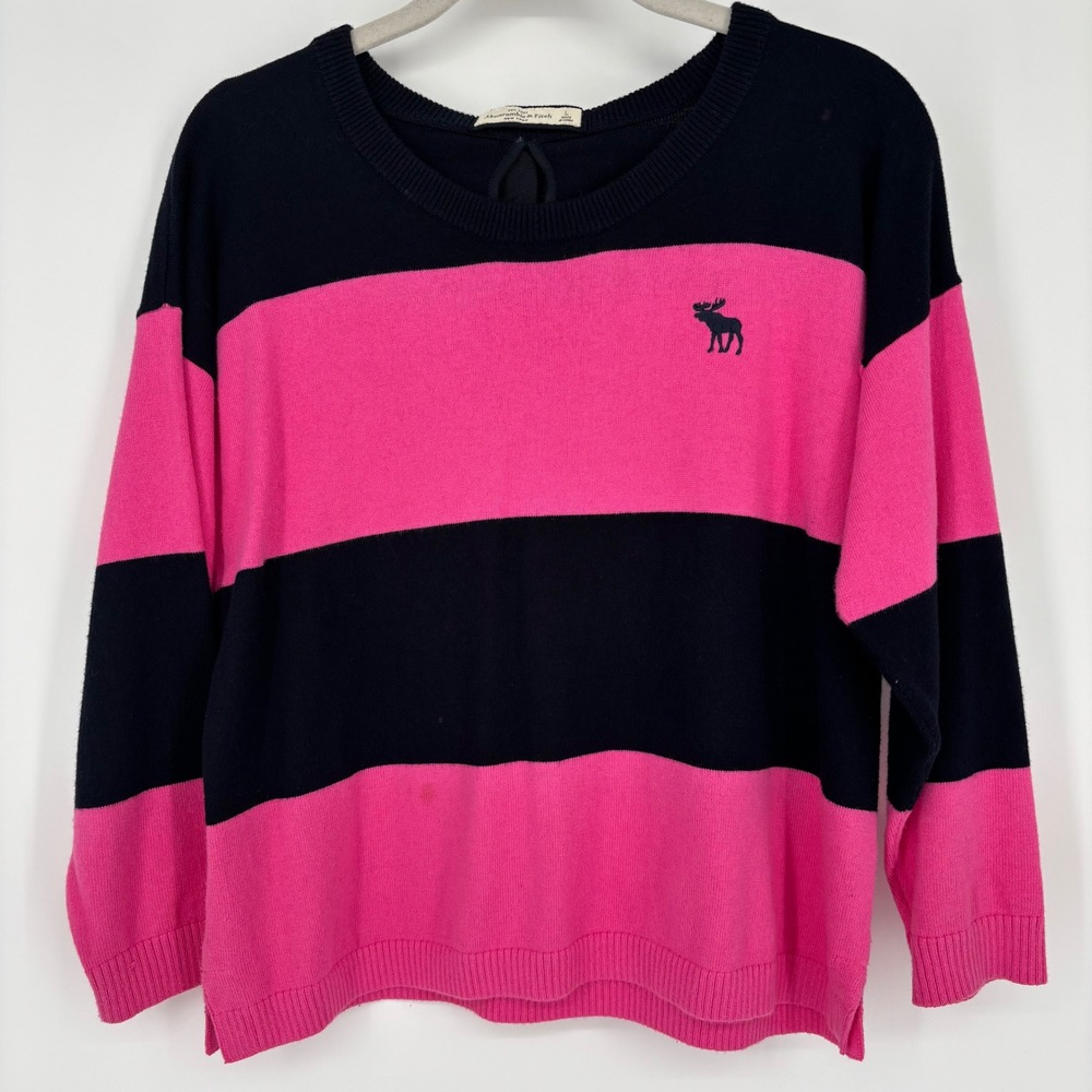 Vintage Abercrombie & Fitch Stripe Sweater Sz L Pink Black Bow Back Y2K 2000s‎